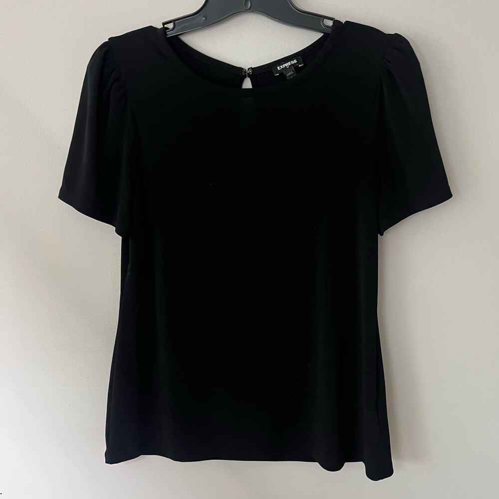 Express Women's Large Black Puff Short Sleeve Stretch Blouse Keyhole-Back Office